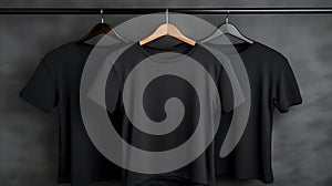 Blank black t-shirts set hanging on hangerâs mockup dark black background