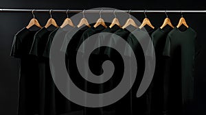 Blank black t-shirts set hanging on hangerâs mockup dark black background