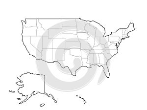 Blank black vector outline map of USA, United States of America