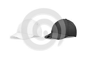 Blank black and white baseball cap mockup, half-turned view