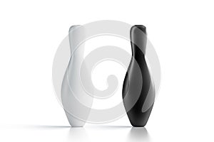 Blank black and white bowling skittles mock up, front view,