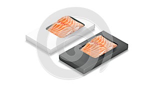 Blank black and white box pack with salmon mockup, isolated