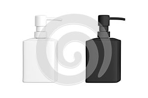 Blank black and white cosmetic square pump bottle mockup isolated on white background.