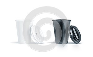 Blank black and white disposable paper cup opened plastic lid