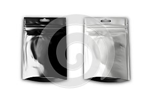 Blank black and white foil coffee or tea packaging bag isolated