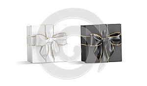 Blank black and white gift box with ribbon bow mockup