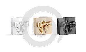 Blank black, white, gold gift box with ribbon bow mockup