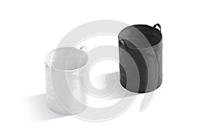 Blank black and white laundry hamper bag mockup, side view