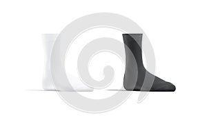 Blank black and white long socks mockup stand, half-turned view photo