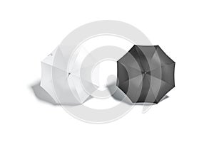 Blank black and white open umbrella mockup lying, backside view