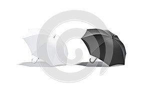 Blank black and white open umbrella mockup lying, side view