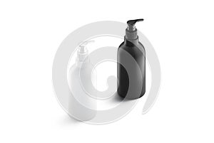 Blank black and white plastic soap bottle mockup stand isolated