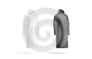 Blank black and white protective raincoat mockup, side view