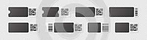 Blank black and white ticket template mockup with barcode. Realistic discount voucher with qr code and ruffled edge