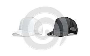 Blank black and white trucker hat mockup, half-turned view