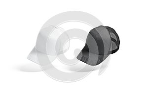 Blank black and white trucker hat mockup, no gravity