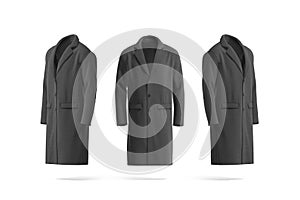 Blank black wool coat mockup, front and side view