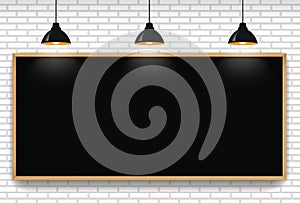 Blank blackboard in white brick wall background with 3 hanging l