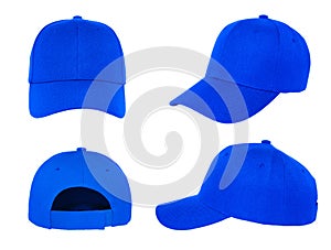 Blank blue baseball cap 4 view on white background