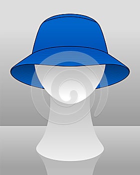 Blank Blue Bucket Hat Template On Mannequin Head Vector.