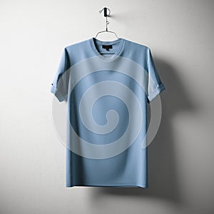 Blank Blue Cotton Tshirt Hanging Center Concrete White Empty Background.Mockup Highly Detailed Texture Materials.Clear