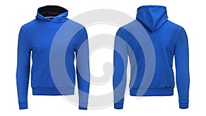 Blank blue hoodie sweatshirt with clipping path, mens pullover for your design mockup and template for print, white background.