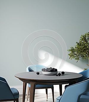 Blank blue wall in cozy light dining room interior, close up, 3d render