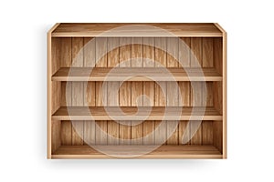 Blank bookshelf mockup template. Realistic wooden shelves for online store, library, school interior design. Empty