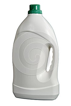 Blank bottle of laundry detergent or fabric softener isolated on white background. Plastic white bottle with green cap