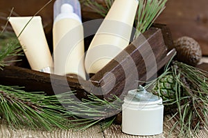 Blank bottle packaging with natural cosmetic cream, serum, skincare, lotion, tonic with forest coniferous branches and cones on