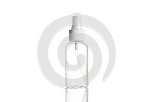 Blank bottle for soap shampoo and mineral cosmetic. Clear plastic cap for sanitizer gel or water isolated on white