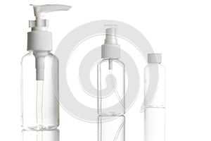 Blank bottle for soap shampoo and mineral cosmetic. Clear plastic cap for sanitizer gel or water isolated on white