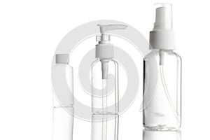 Blank bottle for soap shampoo and mineral cosmetic. Clear plastic cap for sanitizer gel or water isolated on white