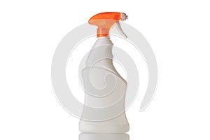 Blank bottle for soap shampoo and mineral cosmetic. Clear plastic cap for sanitizer gel or water isolated on white. Spray, pump