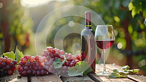 a blank bottle of wine, a glas or red wine and some fresh grapes on a table