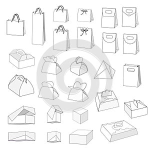 Blank boxes and bags, various shapes, vector