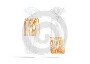 Blank bread in white transparent cellophane pack mockup, no gravity