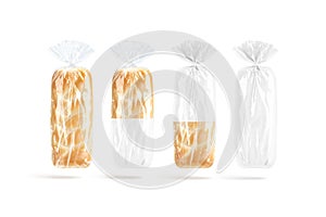 Blank bread in white transparent cellophane pack mockup, no gravity