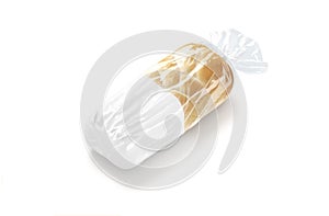Blank bread in white transparent cellophane pack mockup, side view