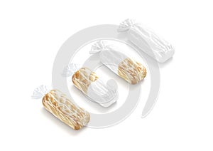 Blank bread in white transparent cellophane pack mockup, side view