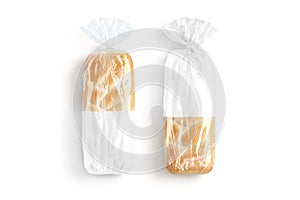 Blank bread in white transparent cellophane pack mockup, top view