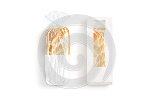 Blank bread in white transparent cellophane and paper pack mockup