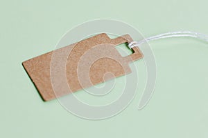 Blank brown cardboard price tag, sale tag, gift tag, address label on pastel green background