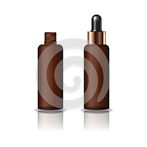 Blank brown clear cosmetic round bottle with dropper lid for beauty product packaging.