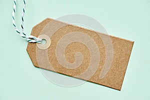 Blank brown gift tag and twine on green
