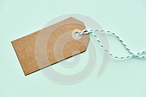 Blank brown gift tag and twine on green