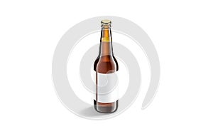 Blank brown glass beer bottle with white label mockup, isolated