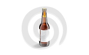 Blank brown glass beer bottle with white label mockup, isolated photo
