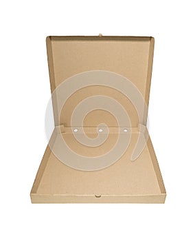 Blank brown open cardboard Pizza paper box isolated on white background. Packaging template mockup