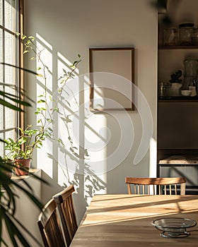 Blank brown poster frame mock up template, dining room interior in fusion style with wooden table, white walls and many